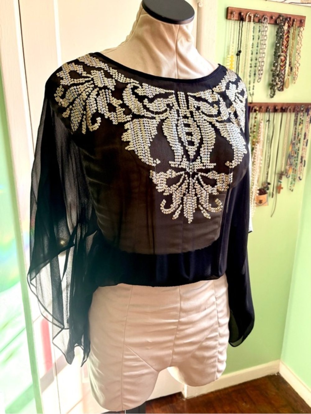 100% Silk Black Blouse with Gold and Silver  Sequin Embellishment